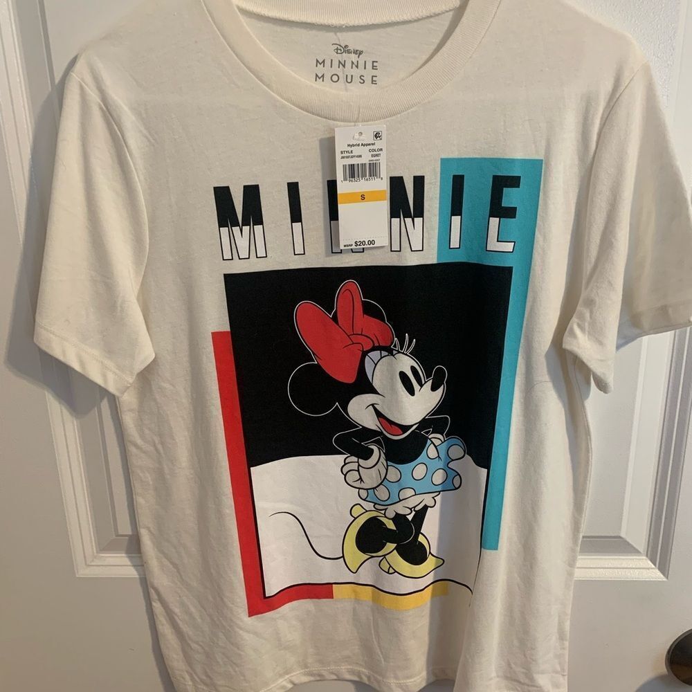 Disney Minnie Mouse TeeโSize Small- White with Red, Blue, and Yellow